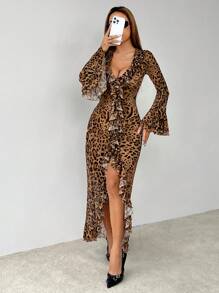 SHEIN PETITE 女式荷叶边豹纹连衣裙 - 卡其色 - 查看 6