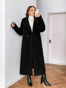 SHEIN Clasi Plus Size Women's Autumn/Winter Fuzzy Black Military Coat, Versatile, Fashionable For Urban, Office, And Everyday Wear - Black - View 5