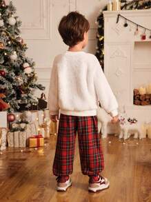SHEIN Playful Pals 年轻男孩圣诞老人图案羊毛运动衫和格子裤两件套，适合冬季、节日、派对、家庭聚会、居家 - 彩色 - 查看 2