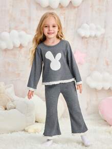 2pcs Young Girls Cute Rabbit Ear Hoodie & Pants Comfortable Homewear Set, Autumn Winter - Grey - View 4