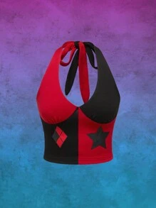 Harley Quinn | ROMWE 女士双色菱形花纹星星印花紧身胸衣吊带上衣，夏季 - 彩色 - 查看 1