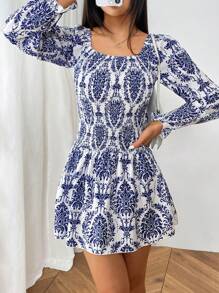 SHEIN Unity Women's Vacation Plant Print Round Neck Long Sleeve Ruffle Hem Short Fashionable Dress Fall Cloth For Women - Blue - View 3