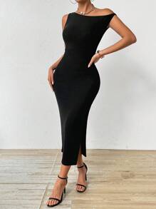 Chiquease 女式夏季纯色不对称领口修身长款优雅连衣裙 - 黑色 - 查看 3