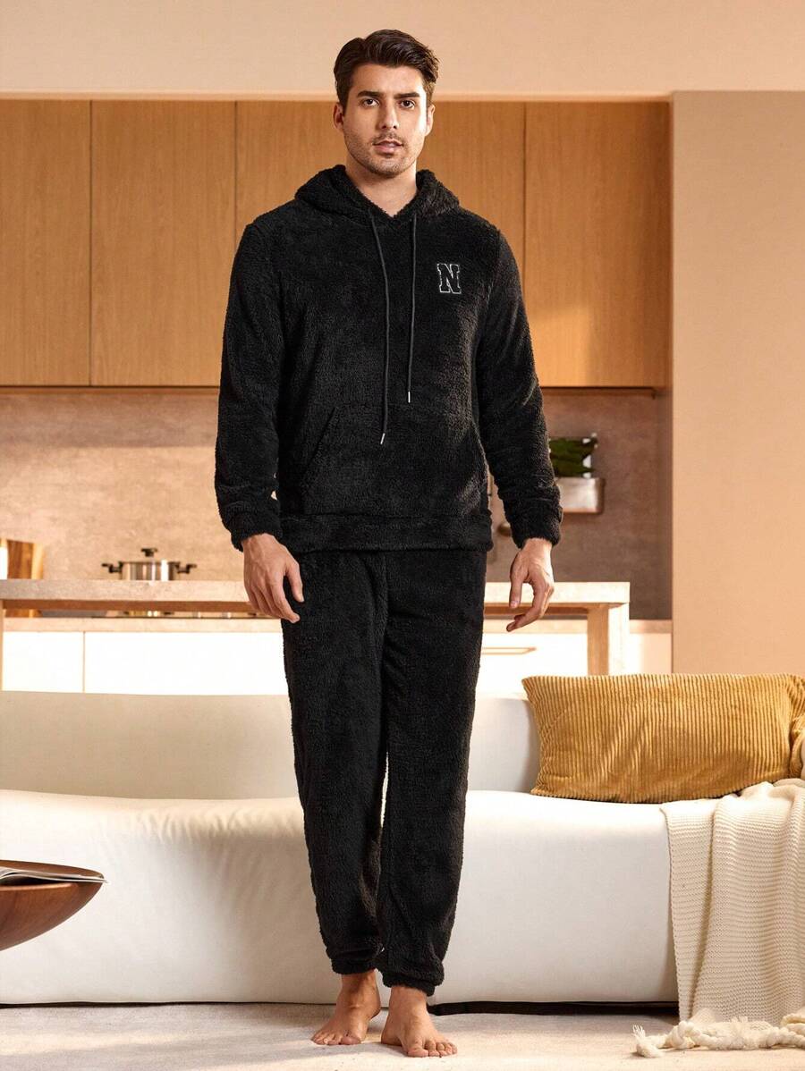Men's Letter Printed Drawstring Hooded Fleece Top And Pants Loungewear Set, Fall/Winter Clothes, Fluffy Pajama - Black - View 1