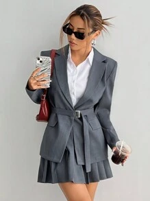 Flirla Early Autumn Solid Color Loose Waistband Blazer & A-Line Ruched Skirt Suit Set Fall Cloth For Women