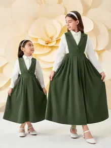 2pcs Young Girl Woven Plain Casual Shirt And Woven Collared Casual Dress Set - Multicolor - View 3