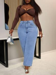 SHEIN SXY Jeans sueltos casuales rectos con diseño de cadena de ojales para mujer de talla grande