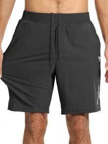 Gym Rark Solid Color Drawstring Cycling Shorts With Letter Print For Summer Biker Shorts Black Shorts - Black - View 5