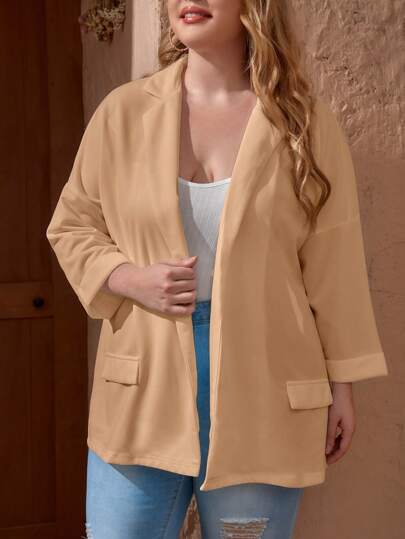 SHEIN LUNE Plus Size Women Casual Solid Color Dropped Shoulder Blazer Jacket, Autumn