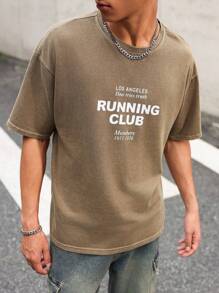 Manfinity EMRG Camiseta holgada de uso diario casual con cuello redondo, manga corta y estampado de letras, popular - Marrón - Ver 3