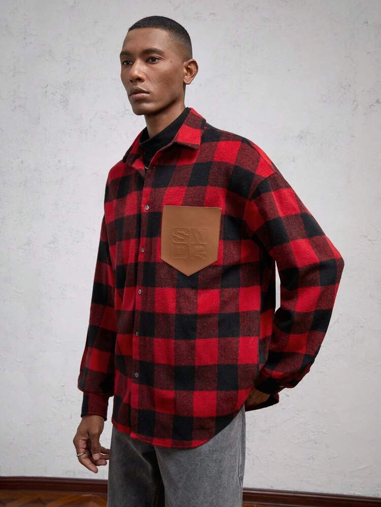 Men's Woven Plaid Slim Fit Stand Collar Long Sleeve Casual Shirt, Suitable For Autumn