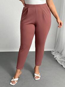 SHEIN Privé Plus Size Quần công sở kẻ sọc trang nhã có túi, vải co giãn - màu nâu - Xem 5