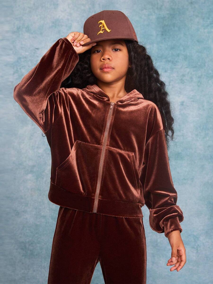 SHEIN 2 peças/Conjunto Blusa com Capuz e Calça de Moletom Modelo Solto para Meninas Pré-adolescentes