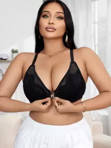 Áo ngực cỡ lớn & áo ngực không dây có ren tương phản lãng mạn và khóa cài phía trước, đồ lót - màu đen - Xem 1