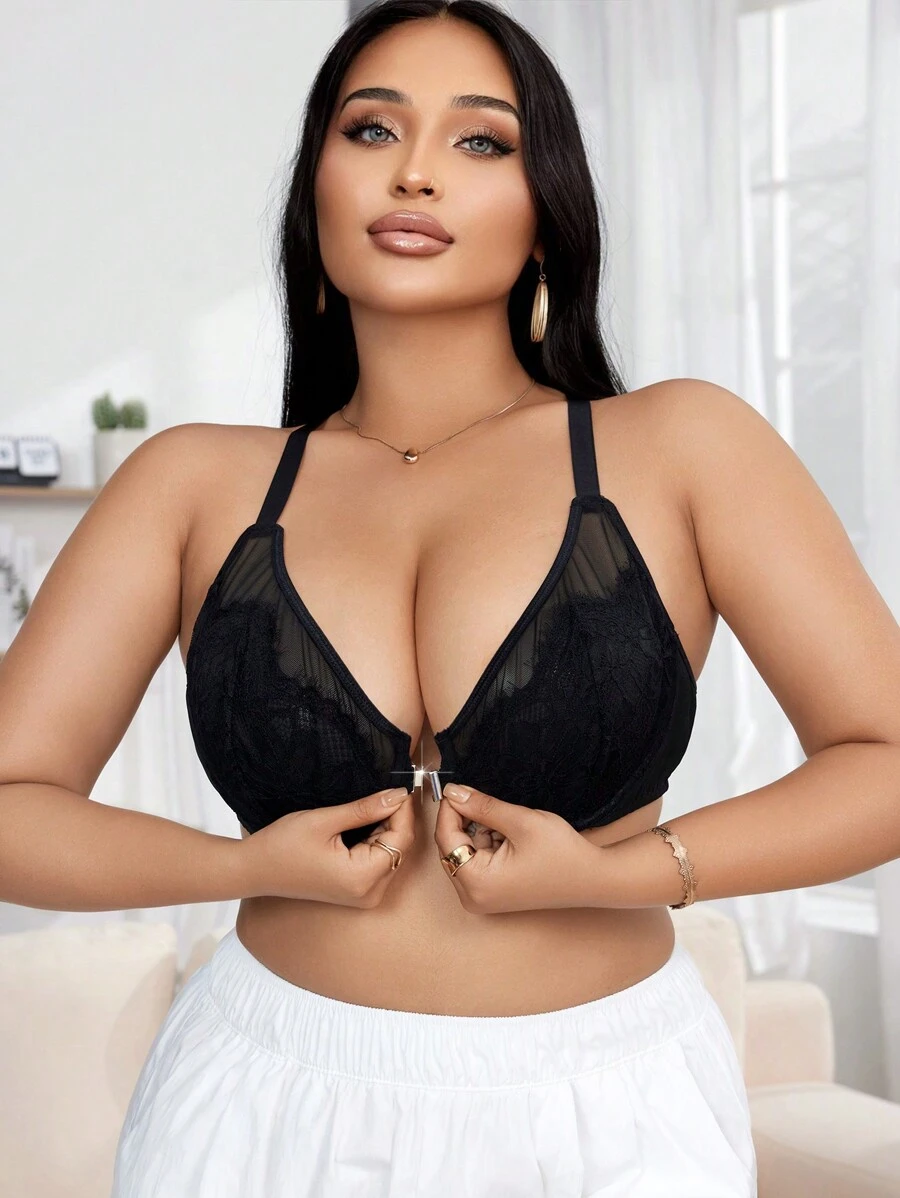 Áo ngực cỡ lớn & áo ngực không dây có ren tương phản lãng mạn và khóa cài phía trước, đồ lót - màu đen - Xem 1