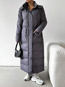 SHEIN EZwear 女士冬季长袖休闲连帽长夹克 - 灰色 - 查看 6