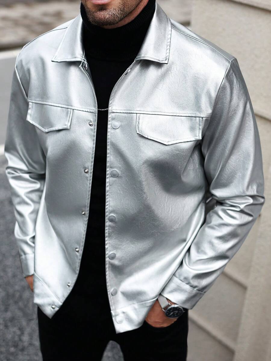 Manfinity Homme Men's Solid Color Button-Front Long Sleeve Faux Pocket Minimalist Jacket - Silver - View 1