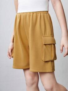 SHEIN Quần áo bảo hộ lao động dệt kim Tween Girl màu trơn có túi quần short thông thường - Nhiều màu - Xem 4