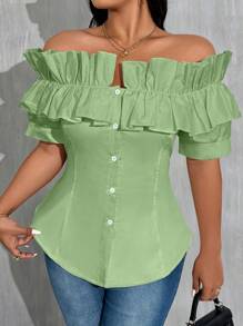 Maweii Áo cánh hở vai đơn giản màu trơn cỡ lớn cho nữ có bèo nhún - Màu xanh Bạc hà - Xem 5