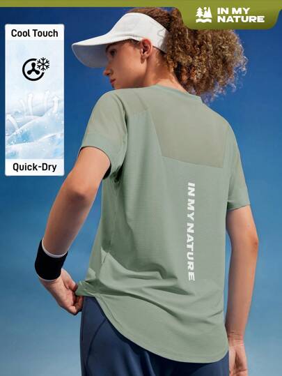 In My Nature 女式字母印花网眼撞色户外T恤女式徒步服装