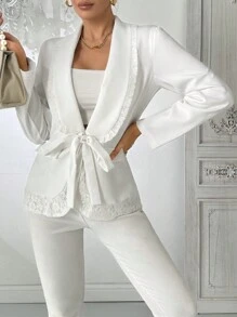 Chiquease Women's Elegant Solid Color Contrast Lace Peplum Waist Tie Blazer Jacket, Autumn Fall Cloth For Women - White - View 5