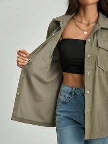 SHEIN Tall Flap Pocket Drop Shoulder Coat For Spring & Autumn - Army Green - View 9