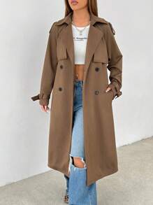 SHEIN PETITE Brown Woven Women's Trench Coat Suitable For Autumn And Winter - Brown - View 3