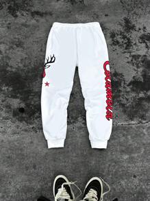Manfinity Roghcode Men's Front Tie Letter Print Casual Sportswear Sweatpants,Fall Men Clothes - White - View 2