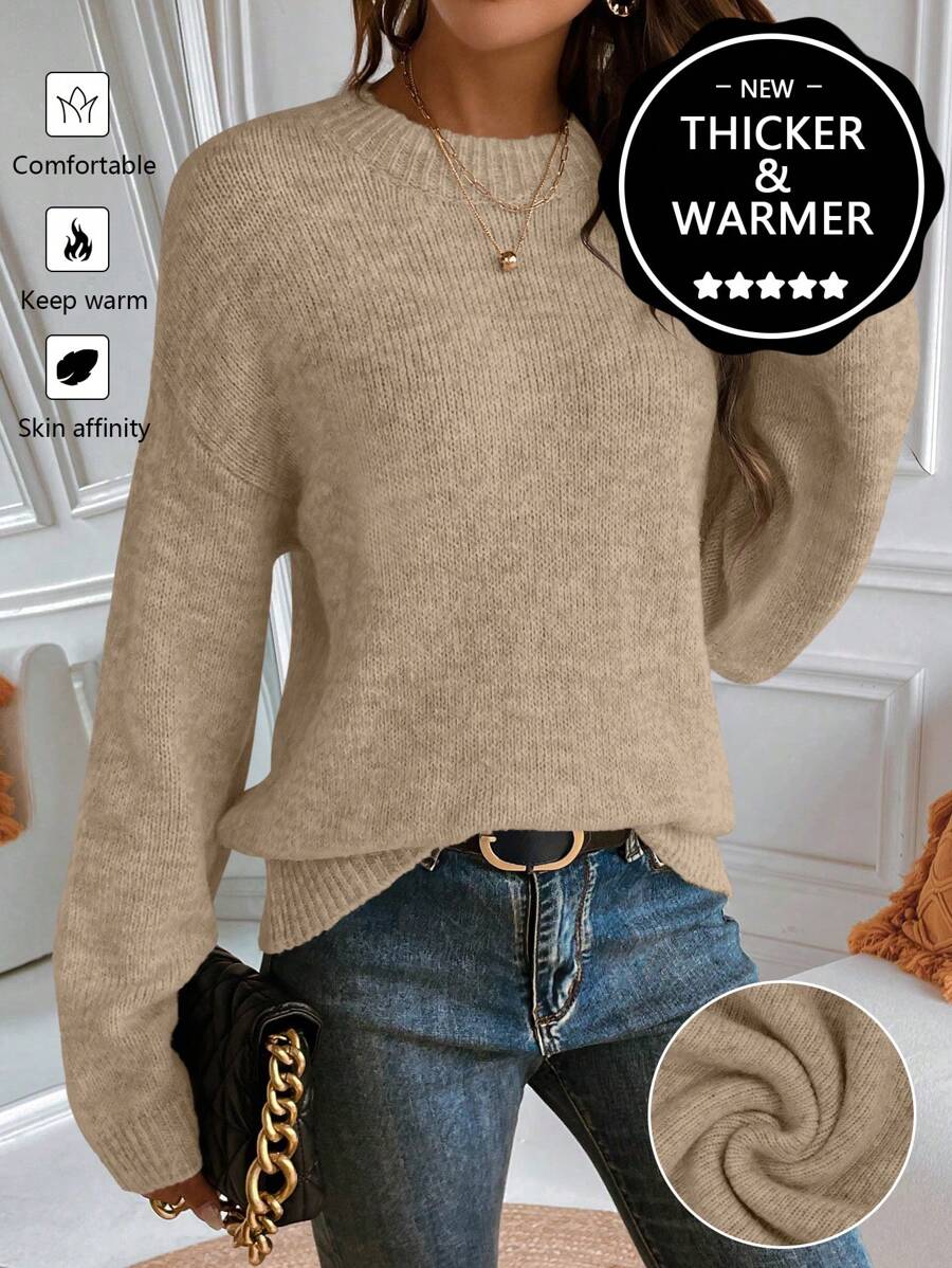 EMERY ROSE Upgraded Premium Thickened Warm Women Crew Neck Sweater,Long Sleeve Tops Knit Pullover Fall Winter Outfit - Khaki - View 1