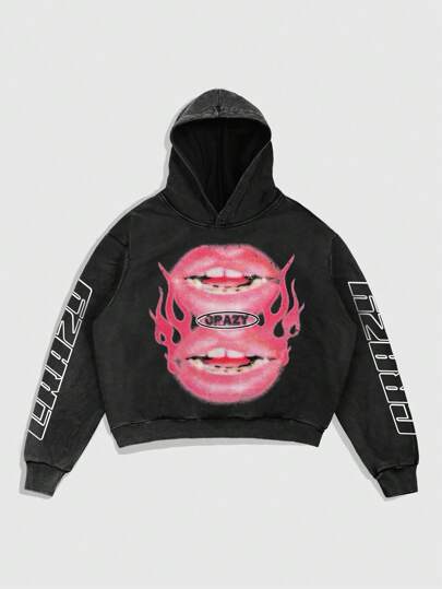 Street Life Lip & Letter Print Long Sleeve Hooded Sweatshirt, Casual Everyday Wear