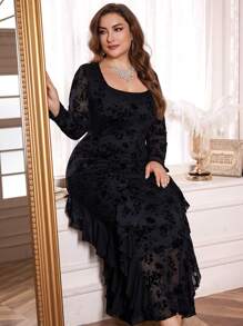 Modelyn 大码女式花卉网眼拼接荷叶边领长袖优雅连衣裙，优雅 A 字裙，适合晚会/婚礼嘉宾/周年纪念日长款女式装长款晚礼服 - 黑色 - 查看 3