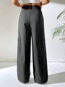 Chiquease Quần ống đứng túi hộp màu trơn đơn sắc thường ngày cho nữ - màu đen - Xem 2