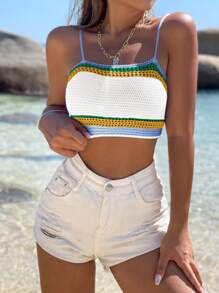 Breezaya Women Contrast Color Hollow-Out Cropped Camisole Fitted Knit Top