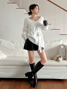 DAZY 女士宽松纯色长袖系带毛衣，秋季女装