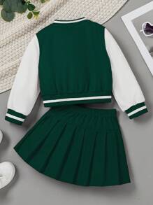 SHEIN 2pcs/Set Young Girls Fashion Casual Color Block Embroidered Patch Baseball Jacket & Ruched Skirt