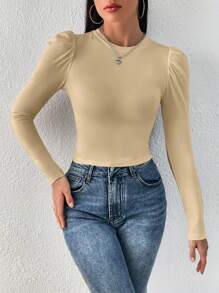 SHEIN Privé 女士时尚休闲优雅通勤豹纹荷叶边袖修身长袖 T 恤，秋季 T 恤秋季女式上衣长袖女式上衣外出上衣 - 卡其色 - 查看 5