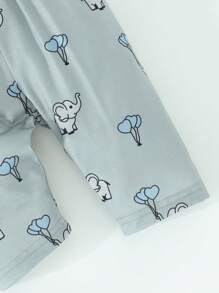 SHEIN 新生儿大象印花舒适中性长袖连帽连体衣套装，秋季 - 灰色 - 查看 3