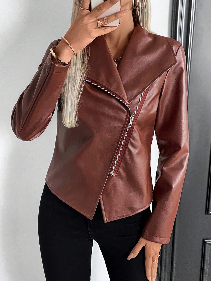 SHEIN Clasi 女士休闲商务翻领拉链长袖常规版型 PU 皮夹克 - 棕色 - 查看 1