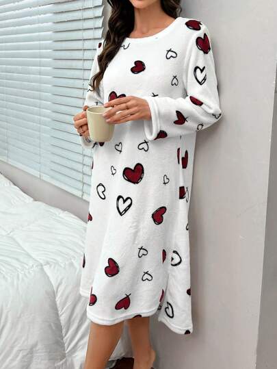 Flannel Heart Print Oversized Long Sleeve Sleep Dress, Fall Fluffy, Cozy
