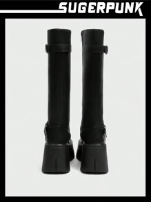 Sugerpunk 女士时尚百搭粗跟圆头过膝长靴，适合春季、春假和复活节穿着 - 黑色 - 查看 10