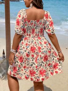 Breezaya Plus Size Front Tie Short Sleeve Floral Allover Print Casual Vacation Dress
