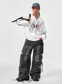 Muchica 女士撞色蜘蛛网印花抽绳连帽运动衫 - 白色 - 查看 1