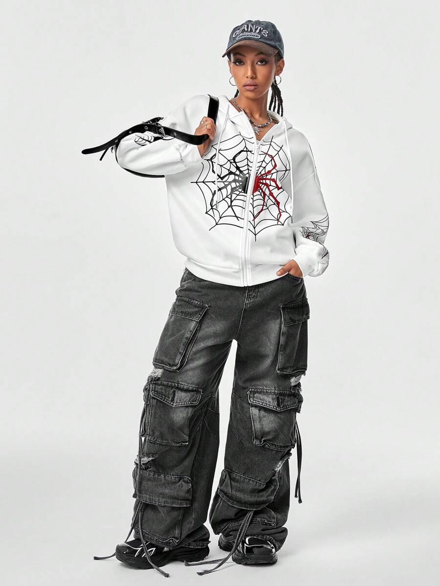 Muchica 女士撞色蜘蛛网印花抽绳连帽运动衫 - 白色 - 查看 1