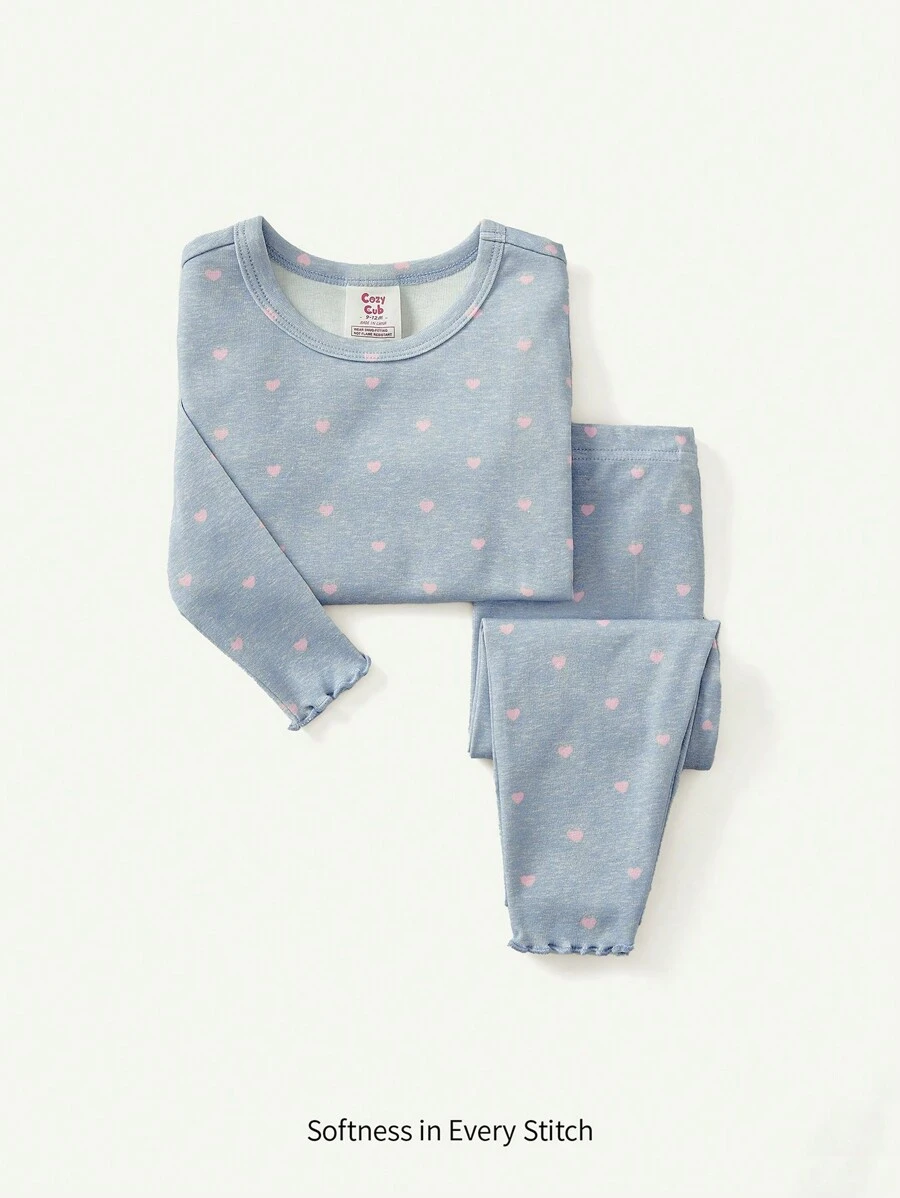 Cozy Pixies 2pcs Baby Girl Snug Fit Pajama Set - Round Neck Ruffle Trim Long Sleeve Top And Pants - Dusty Blue - View 1