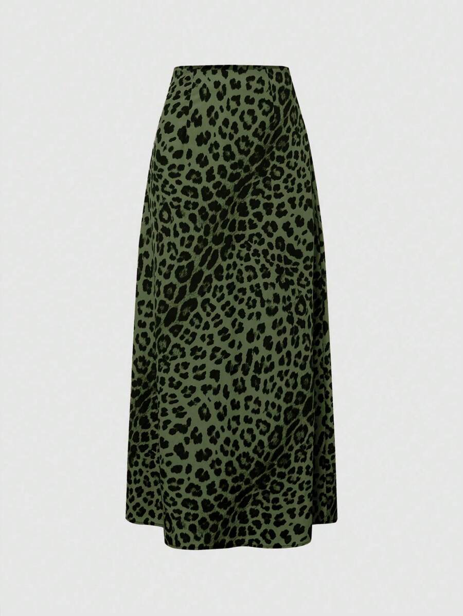 Chiquease 女士随机剪裁长款优雅豹纹印花连衣裙 - 軍綠色 - 查看 1