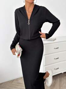 EURMUSE Black Long Skirt And Cardigan Sets - Black - View 3