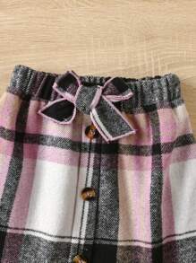 4pcs/Set Young Girls Casual Chic Elegant Mock Neck Long Sleeve Fitted T-Shirt, Elastic Waist Plaid Bow A-Line Skirt, Scarf And Beret Hat Set