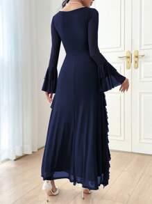 Modelyn Women Square Neck Long Sleeve Pleated Ruffle Hem Long Dress Long Evening Dresses - Navy Blue - View 2