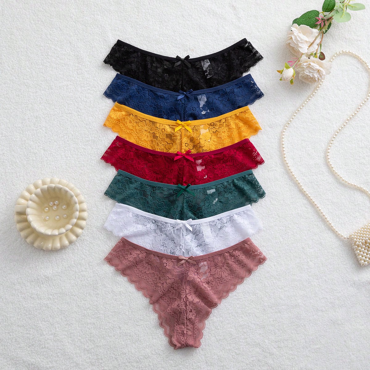 Set de 7 bragas elegantes con decoración de lazo de encaje, lencería multicolor