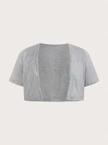 Flirla Bộ 2 món áo hở phía trước tay ngắn màu trơn mùa hè cỡ lớn cho nữ và váy yếm nhún bèo thường ngày - Xám - Xem 7